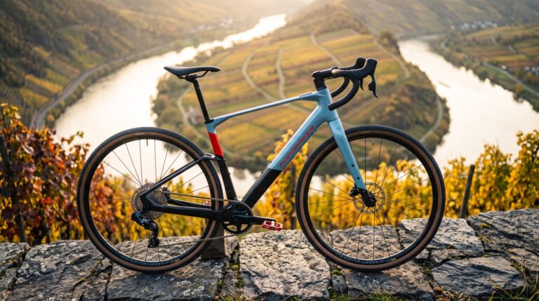 Mondraker Dusty RR an einer Schiefermauer über der Moselschleife am Calmont
