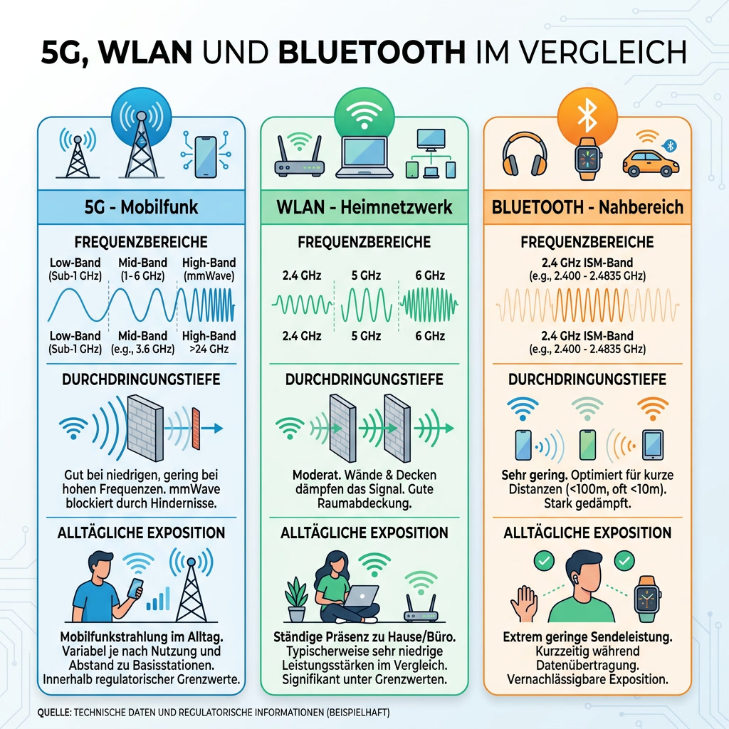 Tabelle: Frequenzbereiche und typische Quellen im Haushalt – 50 Hz bis 5 GHz, von Stromleitungen bis Zigbee-Smarthome-Geräten