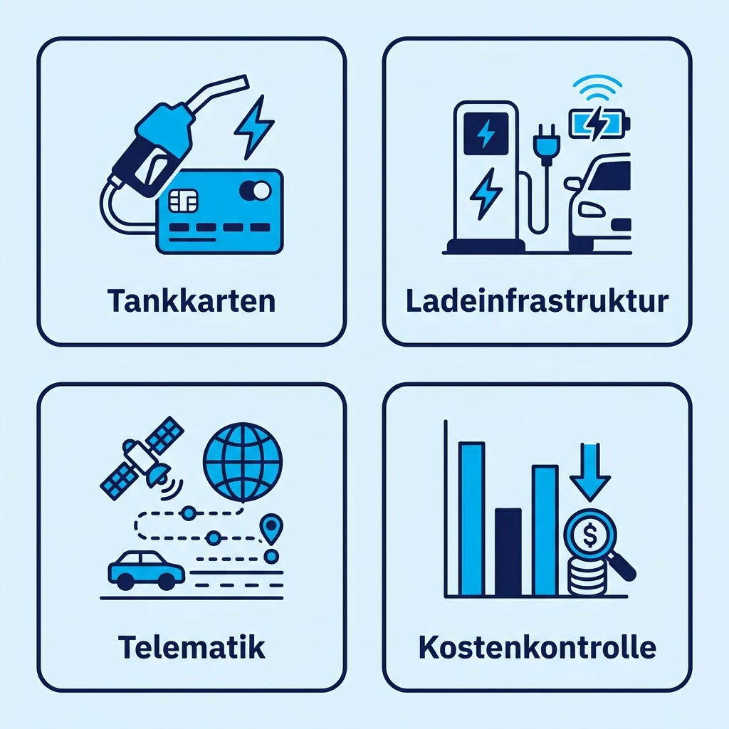 Vier Bausteine des digitalen Fuhrparkmanagements: Tankkarten, Ladeinfrastruktur, Telematik und Kostenkontrolle