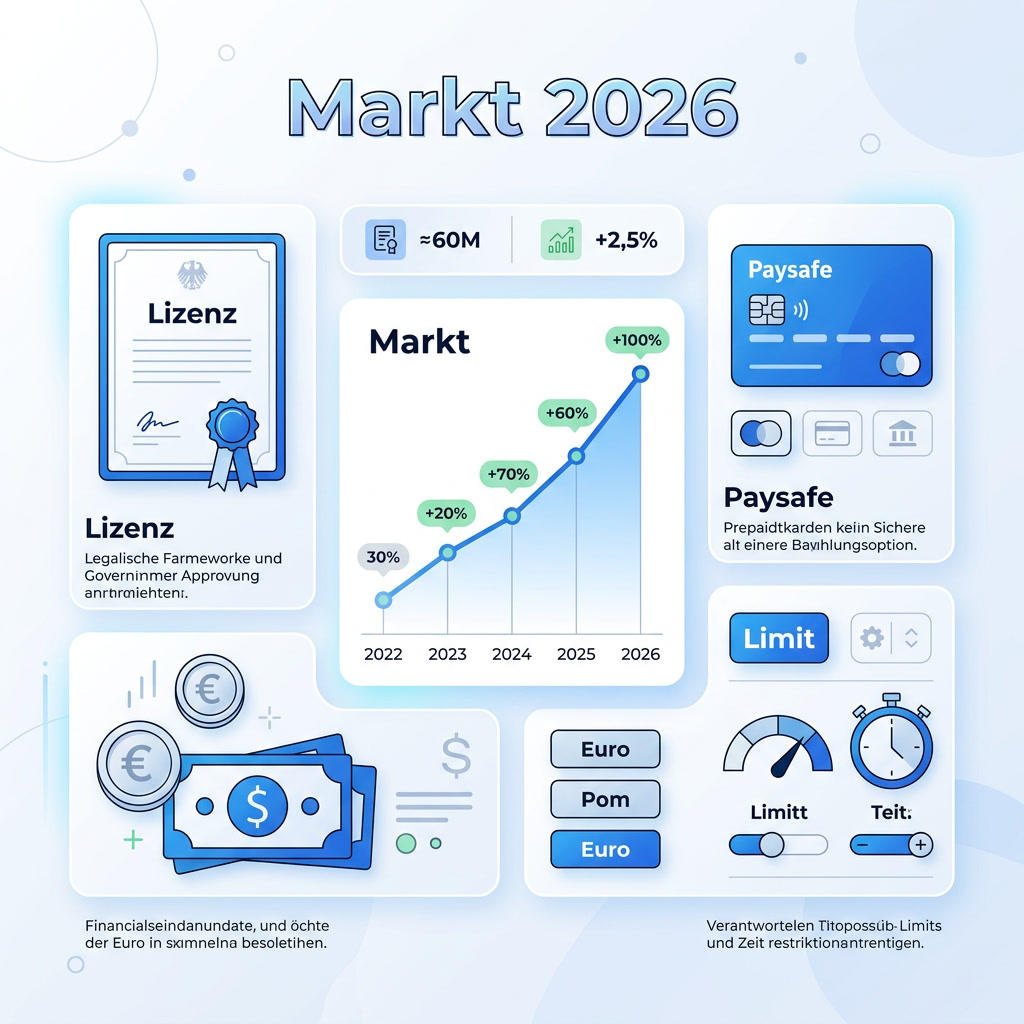 Infografik: Markt, Lizenz, Paysafe und Limit 2026