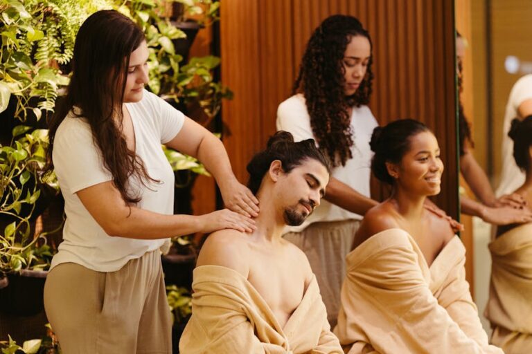 mediterana bergisch gladbach - Men and women enjoying relaxing massages at a spa, surrounded by gree