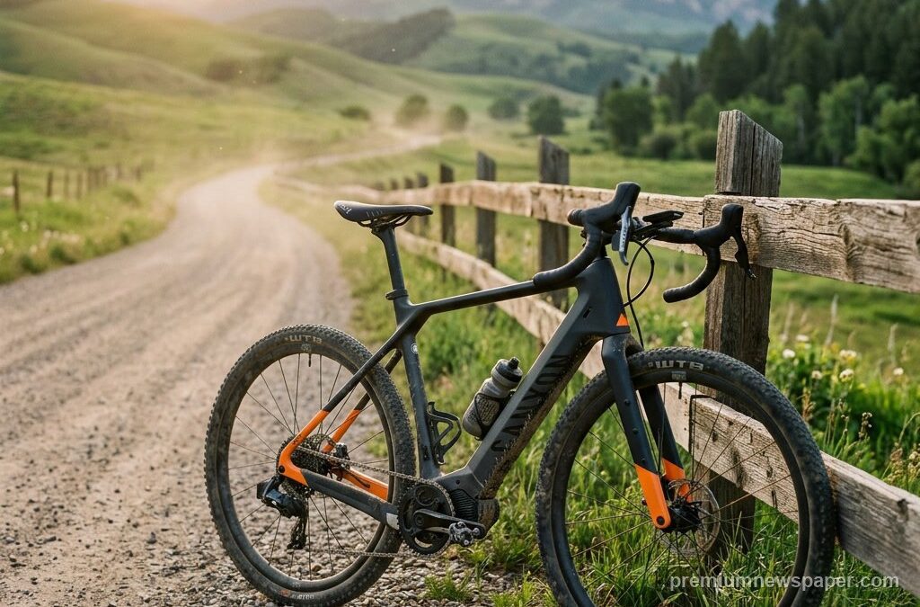 Mondraker Dusty RR E-Gravelbike an einem Schotterweg im Morgenlicht