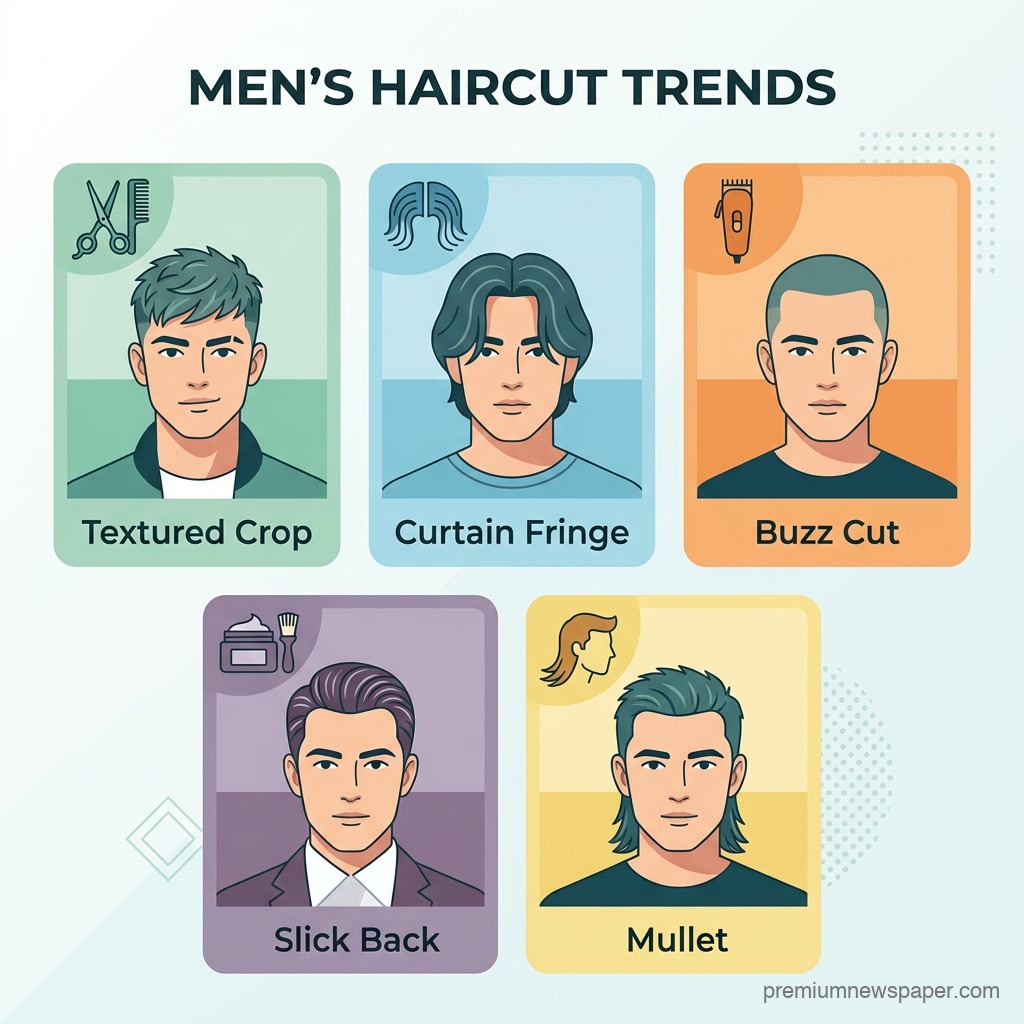 Die fünf größten Männerfrisuren-Trends 2026: Textured Crop, Curtain Fringe, Buzz Cut, Slick Back, Mullet