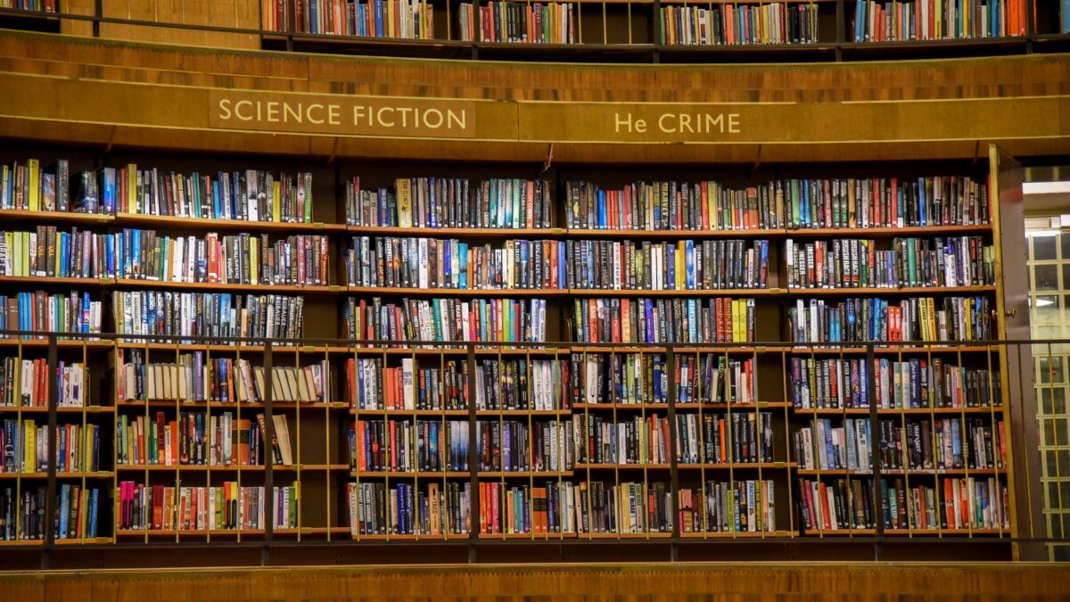 City library with wooden bookshelves and assorted literature with colorful covers put in rows